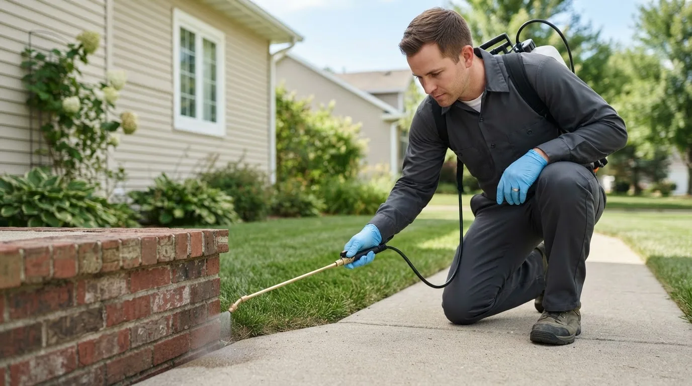 Pest control technician treating a home near North Berwick, ME